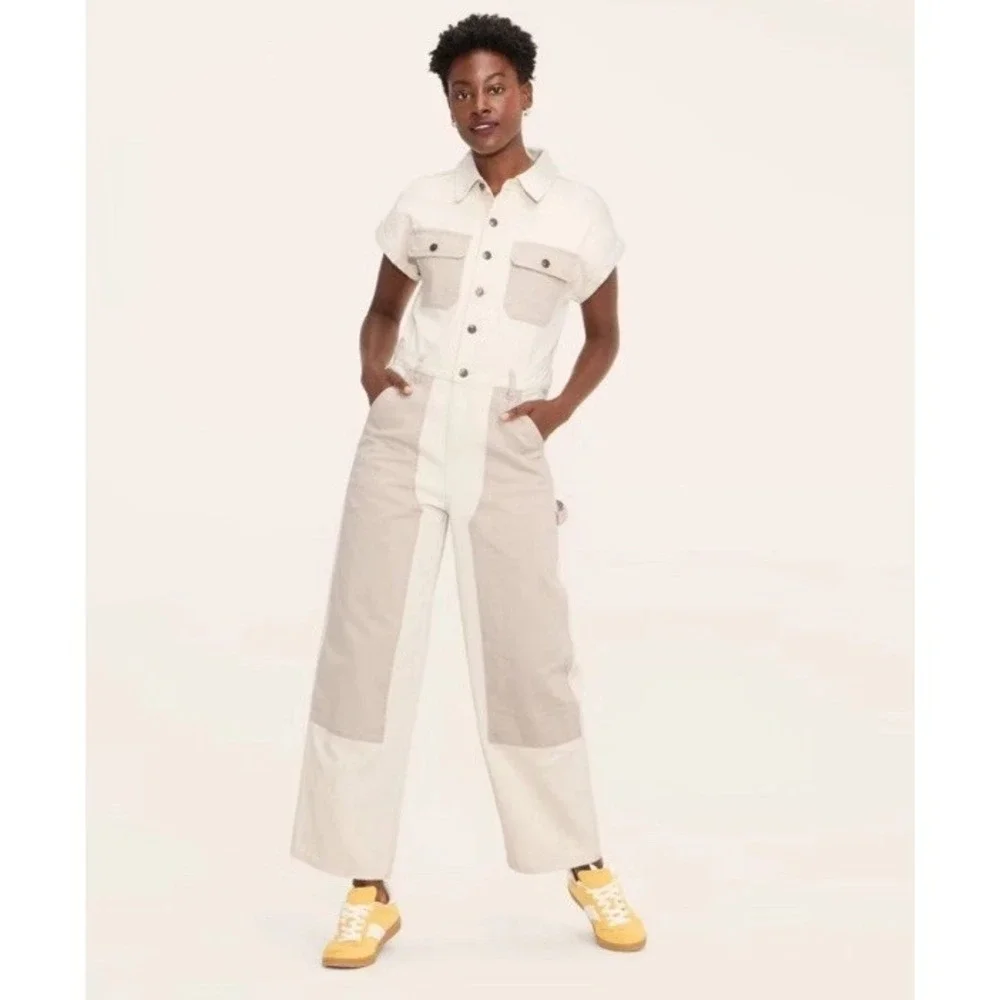 Woolrich Short Sleeve Denim Western Jumpsuit Women's Size 00 Cream NWT‎